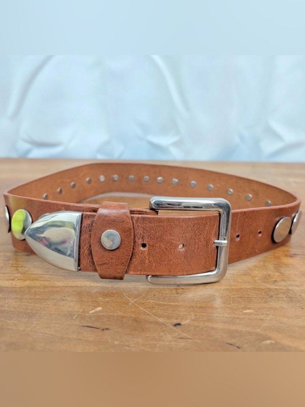 Leather Belt With Silver Circular Studs Brown/Camel color